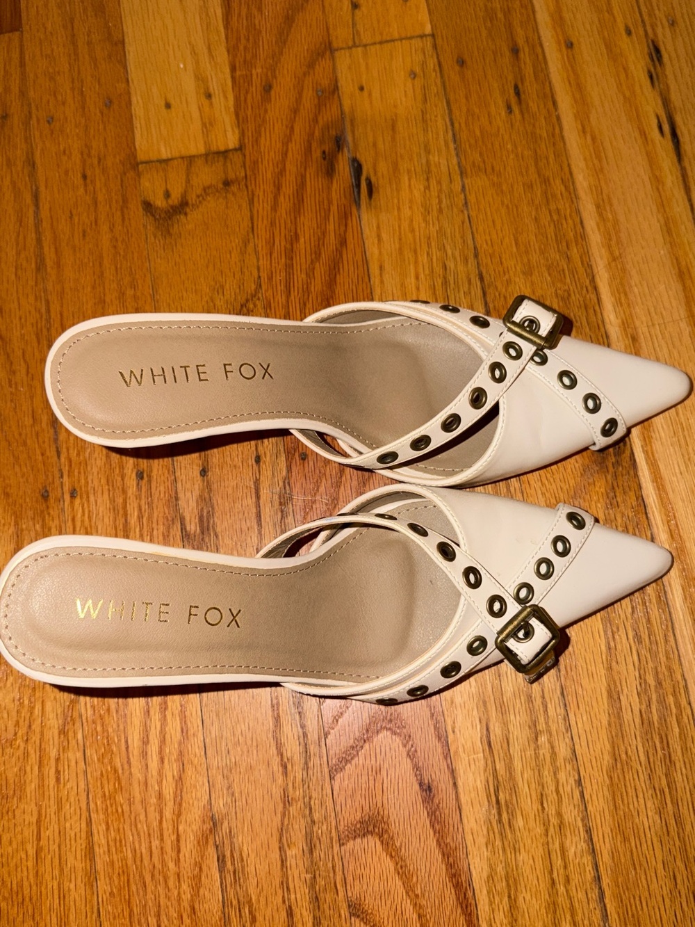 White Fox Boutique White Pointed Mule with Grommet Buckle Detail